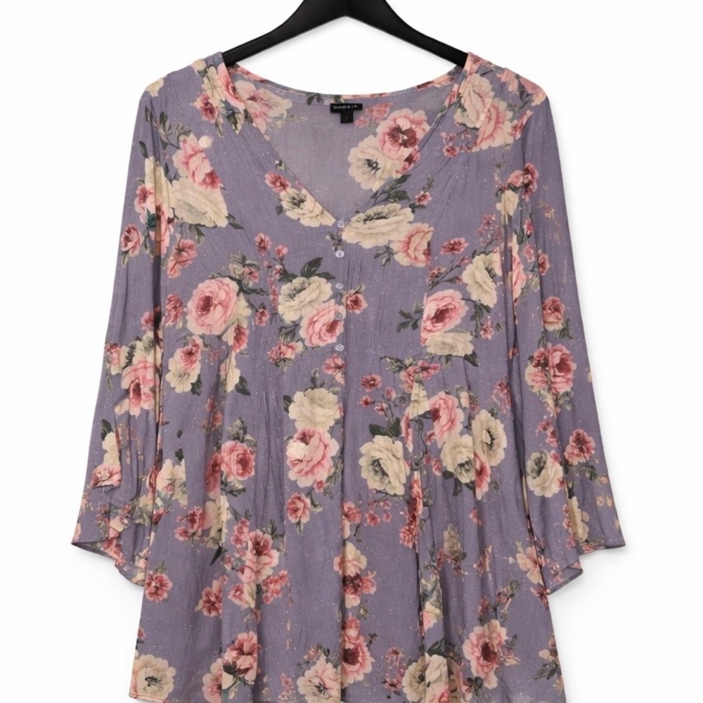 Torrid Lavender Purple Floral Blouse With Bell Sleeves